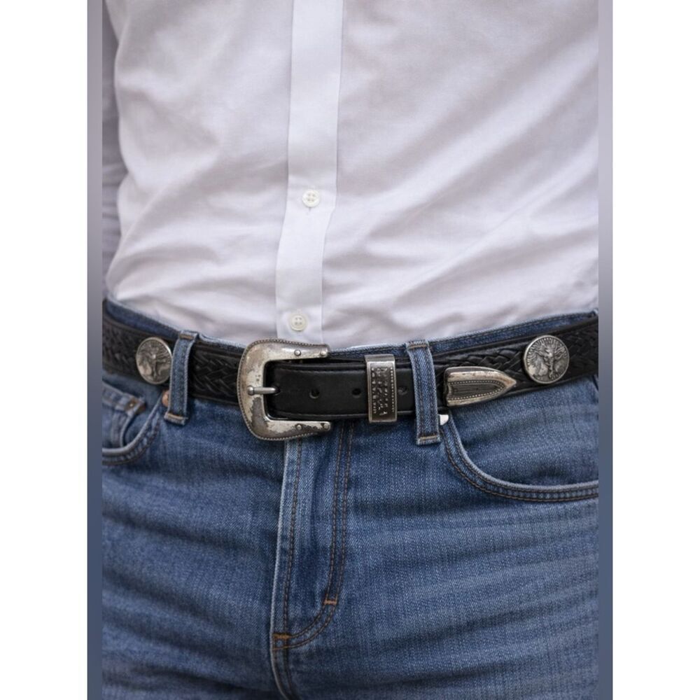 Onyx by Brighton Black Leather Concho Belt Braided Detail Size 30 Western